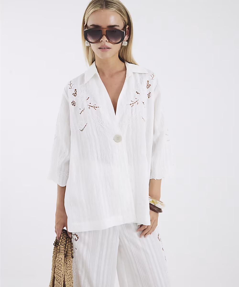 Petite White Broderie Relaxed Shirt - Image 2