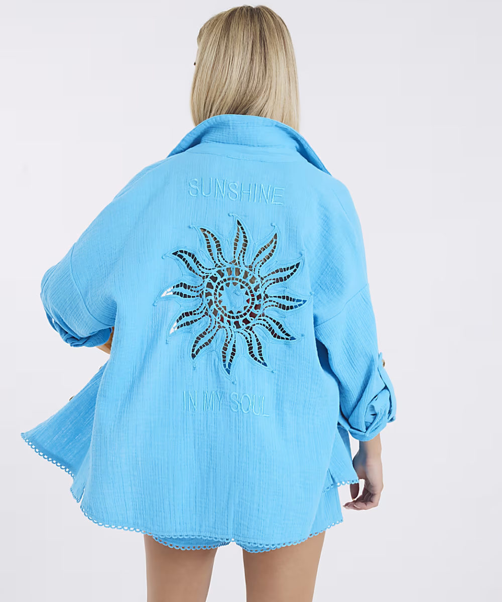 Petite Blue Sun Embroidered Beach Shirt