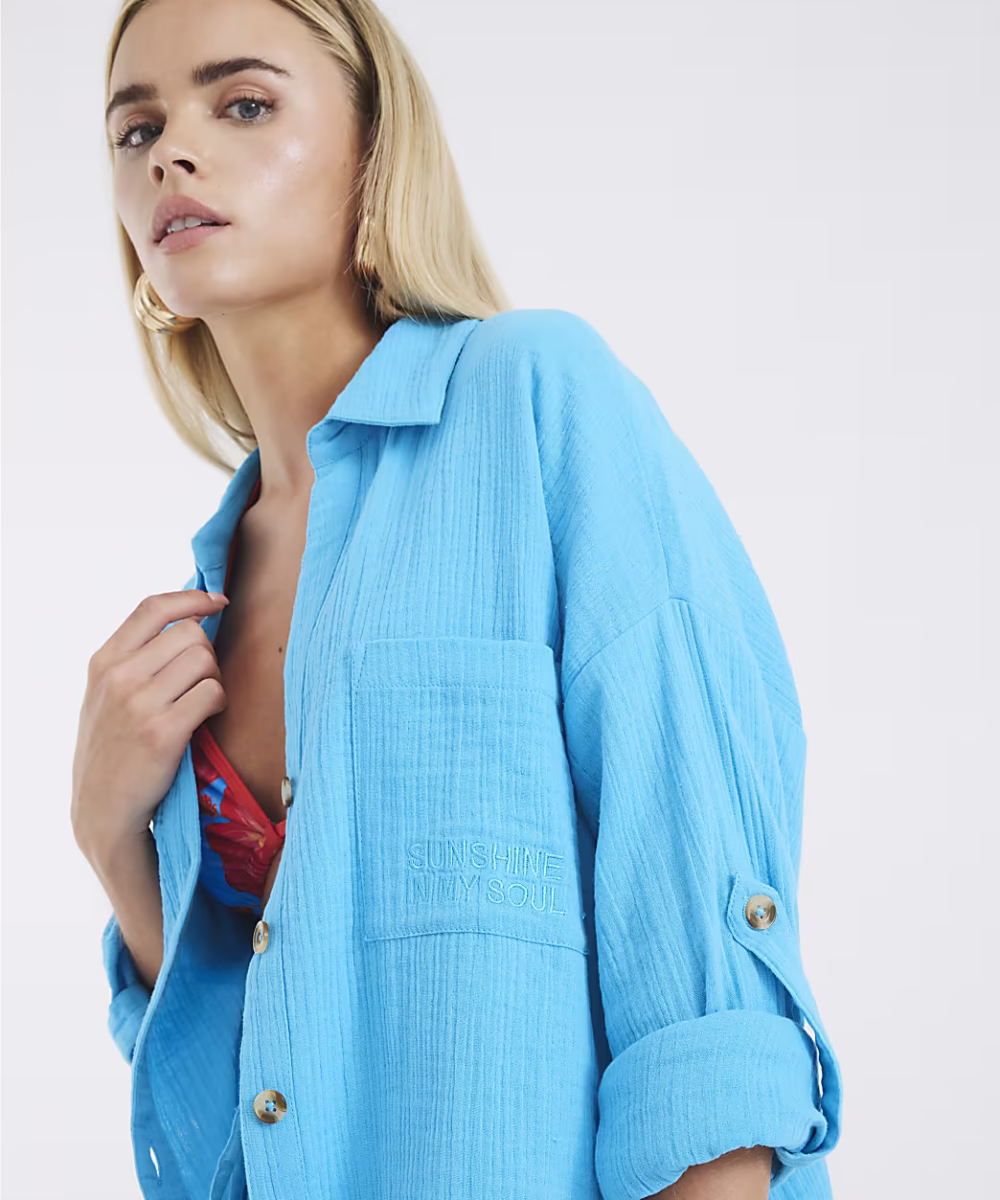 Petite Blue Sun Embroidered Beach Shirt - Image 2